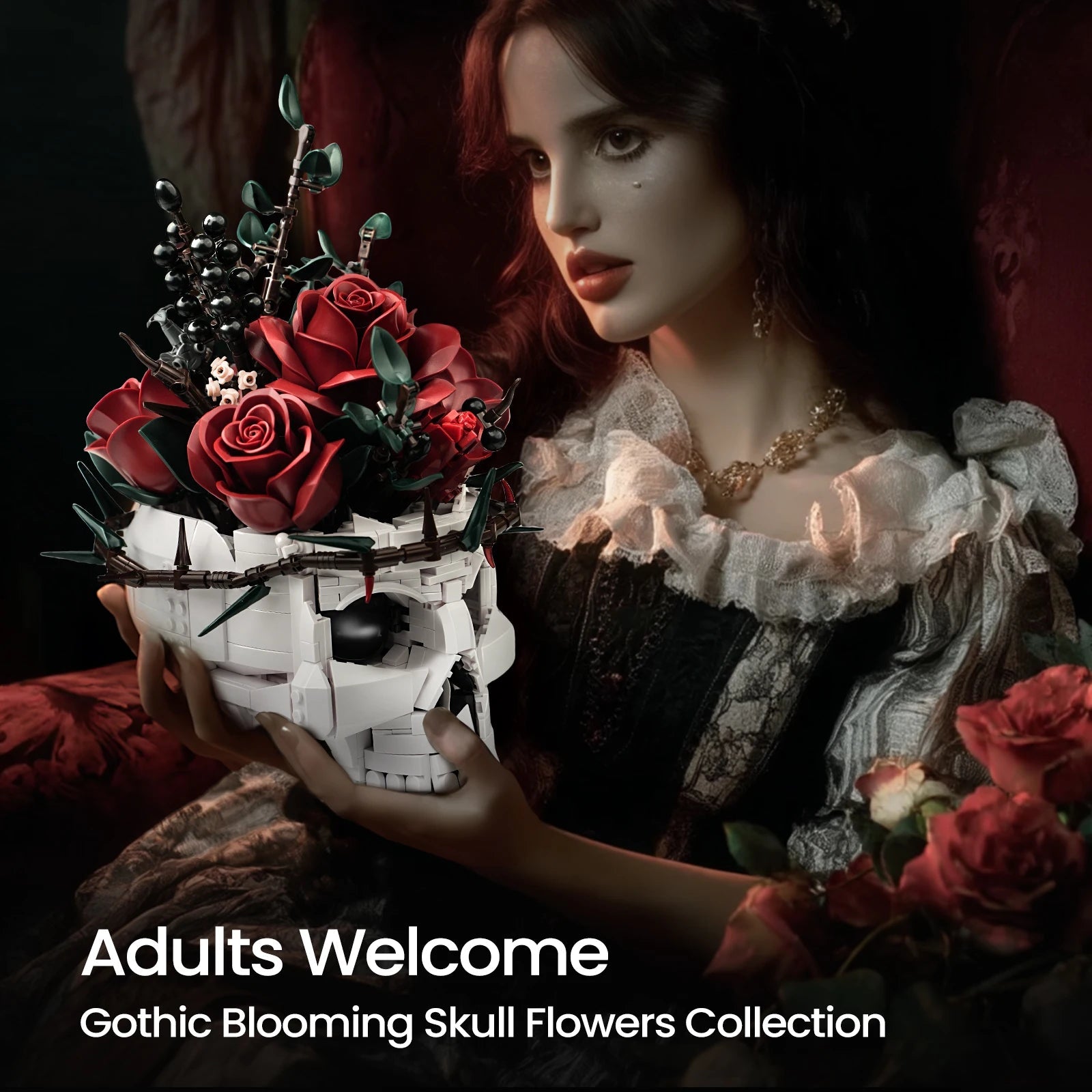 Gothic Skull Flowers Building Blocks Set - Halloween Decor & Gifts - silverfoxgoods